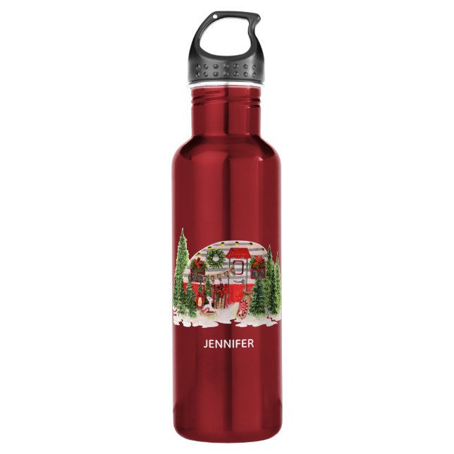 Christmas Trailer Camper Rustic Scene Stainless Steel Water Bottle (Front)