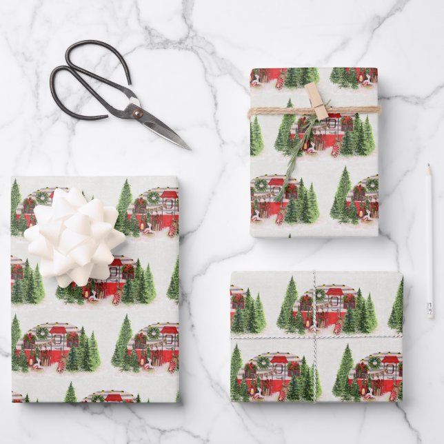 Christmas Trailer Camper Rustic Scene Wrapping Paper Sheets (Front)