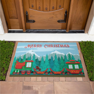 Christmas Train and Little Dog Doormat