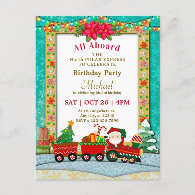 Christmas Train Birthday - All Aboard Kids Party Postcard (Front)