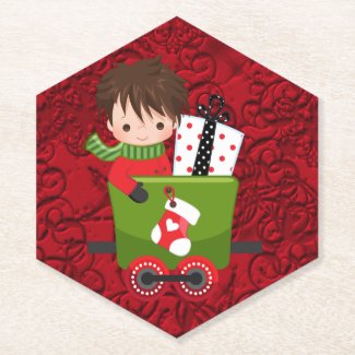 Christmas Train Boy Presents And Stockings Paper Coaster