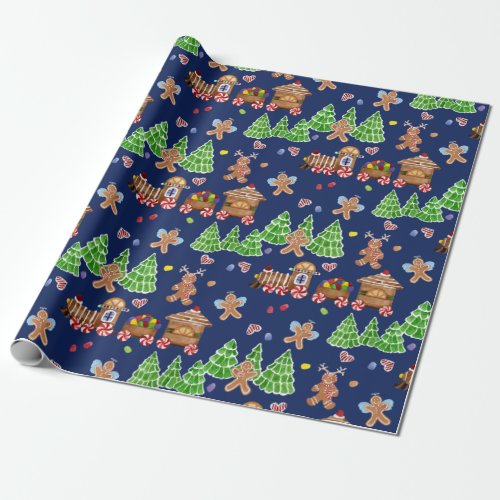 Christmas Train Gingerbread Man Angels Watercolor Wrapping Paper