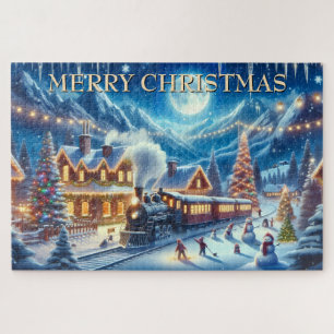 Christmas Train in Snowy Village with Children Jigsaw Puzzle
