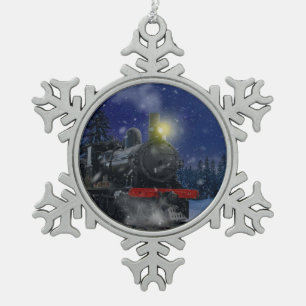 Christmas Train in the snow Snowflake Pewter Christmas Ornament