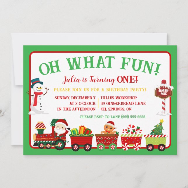 Christmas Train, Oh What Fun! 1st Birthday Party Invitation (Front)