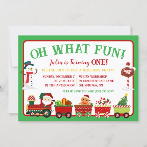 Christmas Train Oh What Fun 1st Birthday Party Invitation