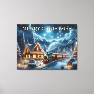 Christmas Train Passing Decorated Mountain Cottage Canvas Print