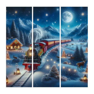 christmas train,snowy village,river reflection,dec triptych