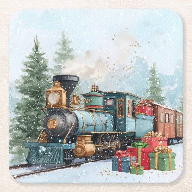 Christmas Train Square Paper Coaster (Front)