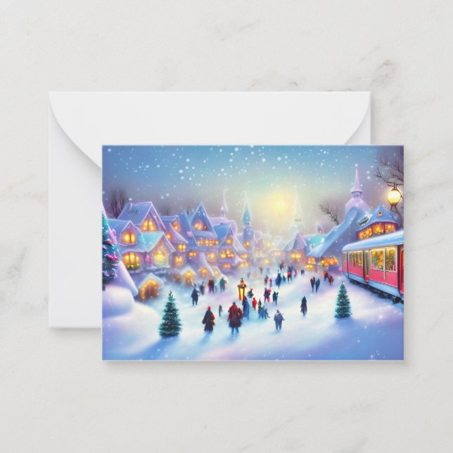 Christmas train village budget mini Christmas Note Card (Front)