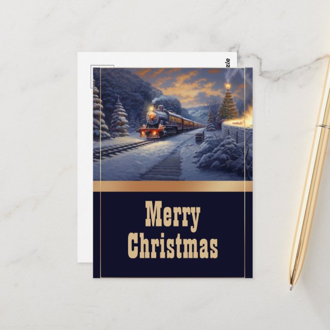 Christmas Train Vintage Painting Postcard (Front/Back In Situ)