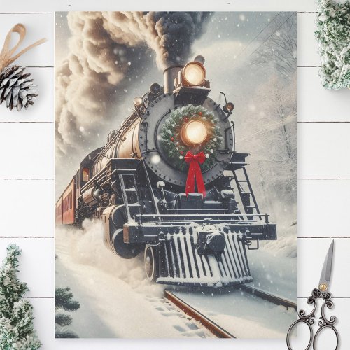 Christmas Train with Holiday Wreath Decoupage Tissue Paper