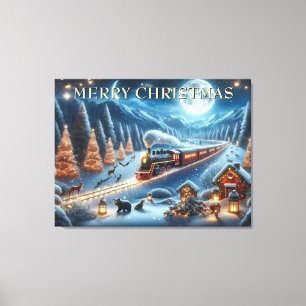 Christmas Train with Lanterns and Woodland Animals Canvas Print
