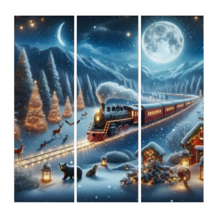 Christmas Train with Lanterns and Woodland Animals Triptych