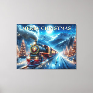 Christmas Train with Wreath and Snowy Pines Canvas Print