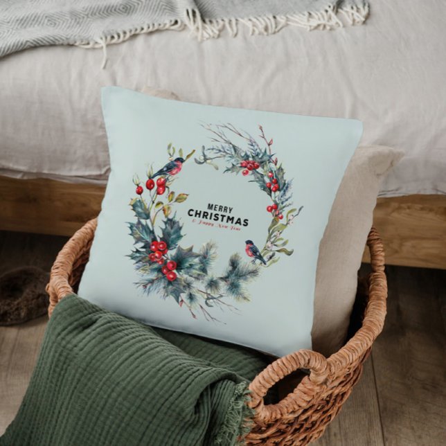 Christmas treat featuring bullfinch throw pillow (Creator Uploaded)