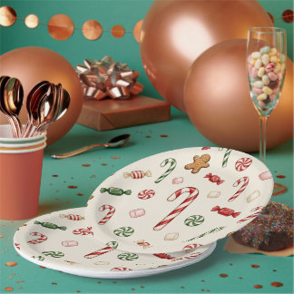 Christmas Treats and Candy Canes, Beige Background Paper Plates