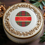 Christmas Treats Red Green Plaid Gold   Classic Round Sticker<br><div class="desc">Pretty red, green, white and navy Tartan plaid with gold ribbon satin border. Label for your Christmas Cookies, Treats, Cakes, and Pies. Making Yummy treats for everyone this holiday? Customize text to use for Christmas Candy, Jam, Scones, Brownies, Sugar Cookies or what ever your favorite recipe for the holidays is....</div>
