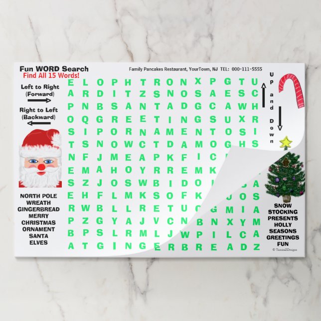 Christmas Tree 15 Word Search Restaurant Activity  Paper Pad (Folded)