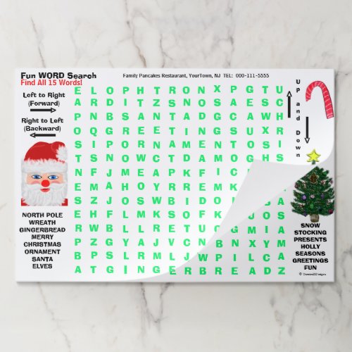 Christmas Tree 15 Word Search Restaurant Activity  Paper Pad