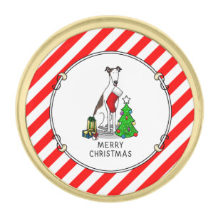 Christmas Tree 2 Greyhound (brindle white) Dog Fun Gold Finish Lapel Pin