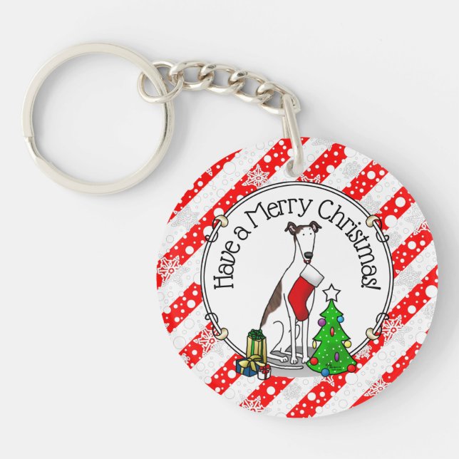 Christmas Tree 2 Greyhound (brindle white) Dog Fun Keychain (Front)