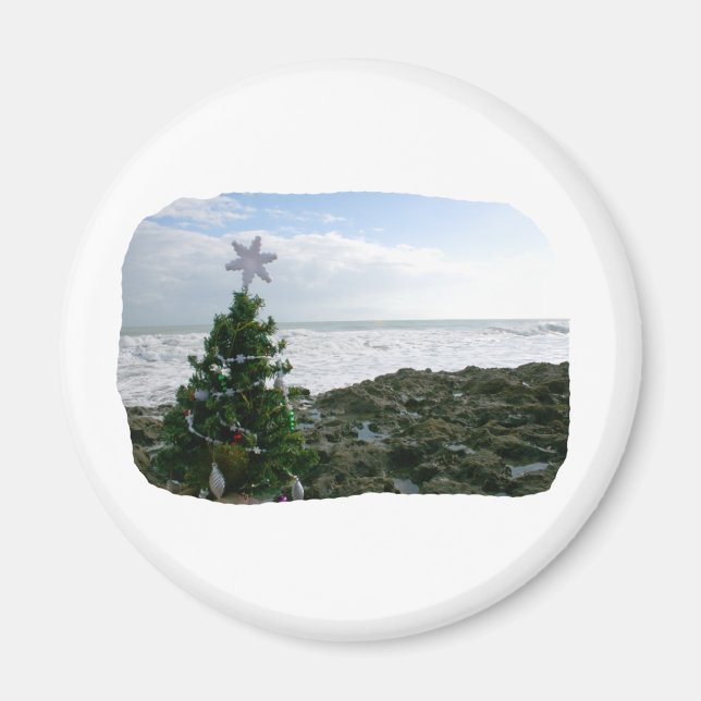 Christmas Tree Against Beach Rocks Magnet (Front)