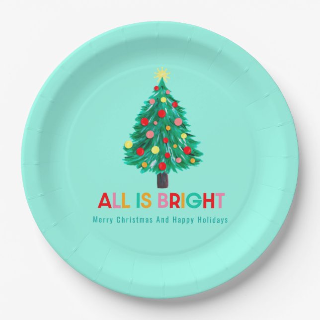 Christmas Tree "All Is Bright" Christmas Party Paper Plates (Front)