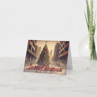 Christmas Tree Amid Ruins Merry Christmas Card