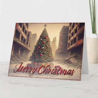 Christmas Tree Amid Ruins Merry Christmas Card
