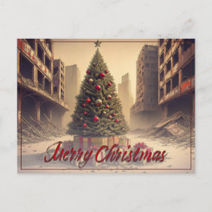 Christmas Tree Amid Ruins Merry Christmas Holiday Postcard