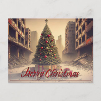 Christmas Tree Amid Ruins Merry Christmas Holiday Postcard