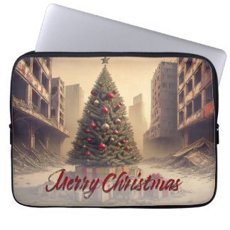 Christmas Tree Amid Ruins Merry Christmas Laptop Sleeve