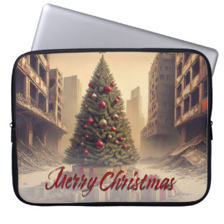 Christmas Tree Amid Ruins Merry Christmas Laptop Sleeve