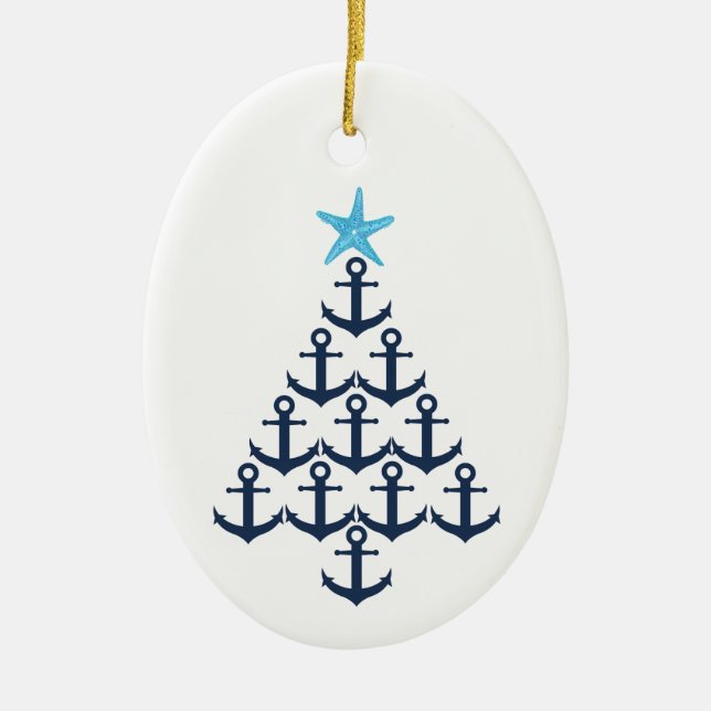 Christmas Tree Anchor Nautical Ceramic Ornament (Front)