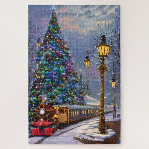 Christmas tree and a locomotive vintage design jigsaw puzzle