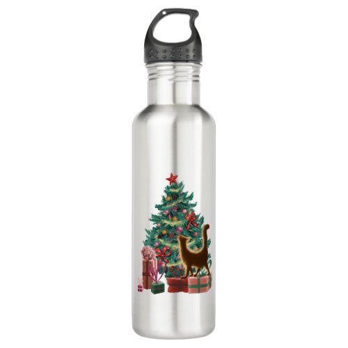 Christmas Tree and a Naughty Orange Cat Stainless Steel Water Bottle