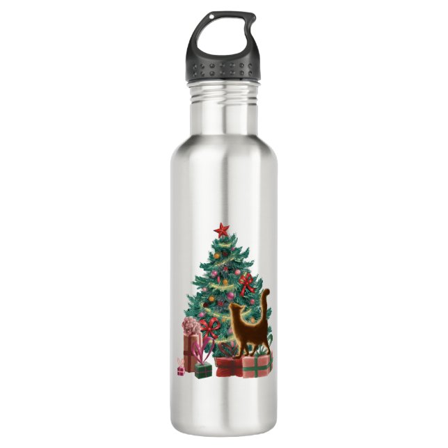 Christmas Tree and a Naughty Orange Cat Stainless Steel Water Bottle (Front)