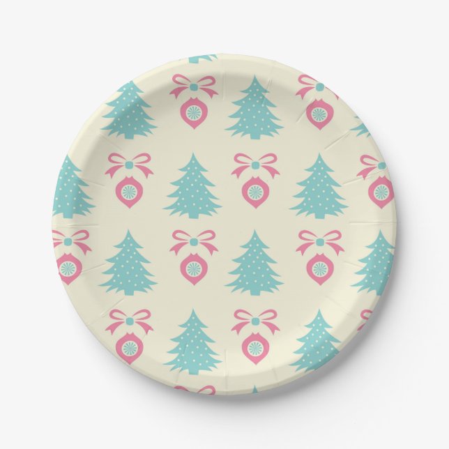 Christmas Tree And Bauble Pattern Pastel Colors Paper Plates (Front)