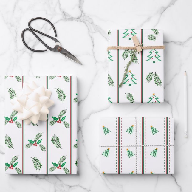 Christmas tree and berries with stripes wrapping paper sheets (Front)