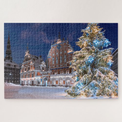 Christmas tree and Blackheads house in Riga Jigsaw Jigsaw Puzzle