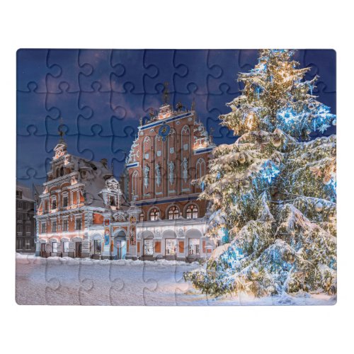 Christmas tree and Blackheads house in Riga Jigsaw Puzzle