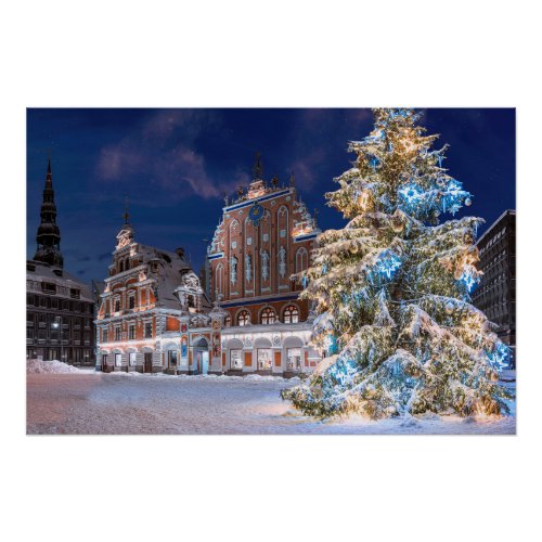 Christmas tree and Blackheads house in Riga Poster