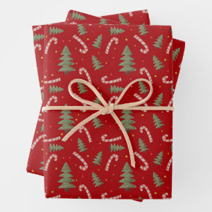 Christmas Tree and Candy Cane Red Wrapping Paper Sheets