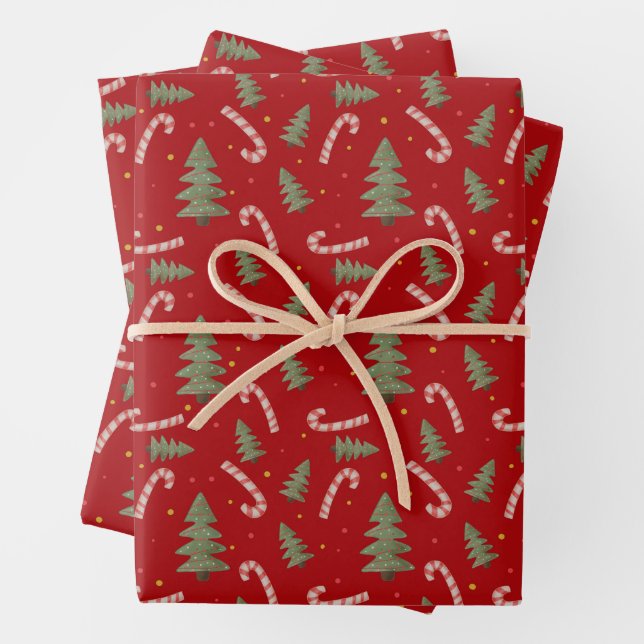 Christmas Tree and Candy Cane Red  Wrapping Paper Sheets (In situ)