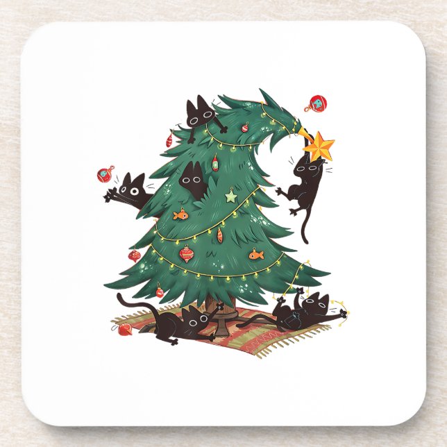 Christmas Tree and Cat Cute Christmas Cat Lover Beverage Coaster (Front)
