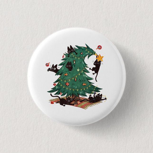 Christmas Tree and Cat Cute Christmas Cat Lover Button (Front)