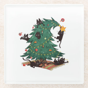 Christmas Tree and Cat Cute Christmas Cat Lover Glass Coaster