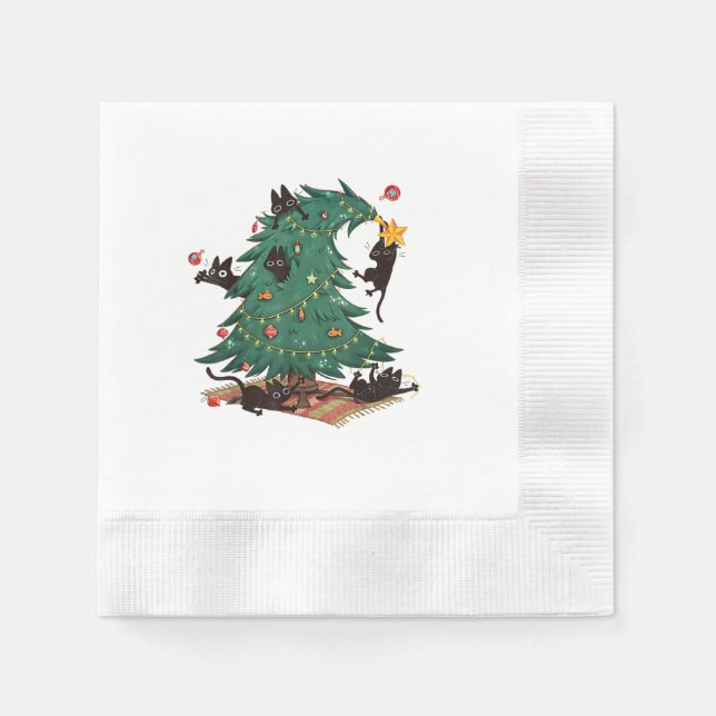 Christmas Tree and Cat Cute Christmas Cat Lover Napkins (Front)