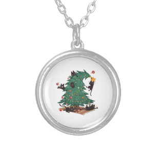 Christmas Tree and Cat Cute Christmas Cat Lover Silver Plated Necklace